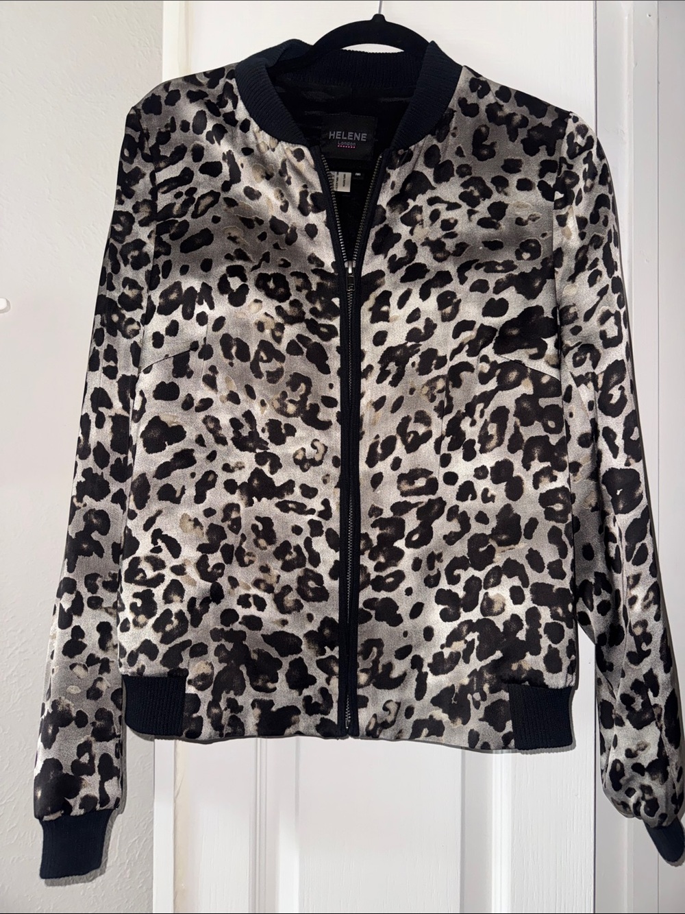 Helene London Leopard Print Satin Bomber Jacket - Black & Cream